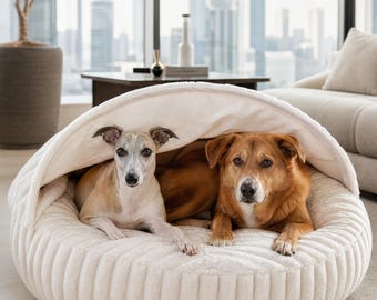 Orthopädisches rundes Hundebett mit robuster Cord Oberfläche im Set mit Kuschelhöhle