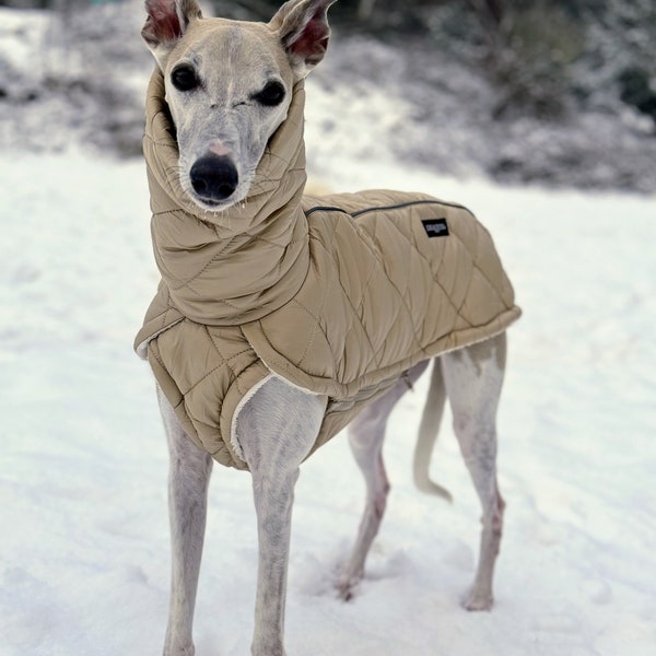 Warmer Stepp-Winter Mantel gefüttert mit Kunstpelz mit Reißverschluss für Whippets, Galgos, Greyhounds, Windhunde, Ridgeback in beige