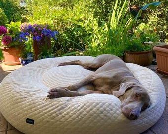 Cuccia ortopedica rotonda per cani con superficie rinfrescante, ideale per l'estate.
