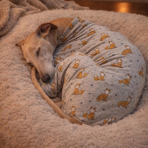 Dog pajamas with zipper for sighthounds with fox or deer motif in beige and grey for Whippets, Galgos, Greyhounds