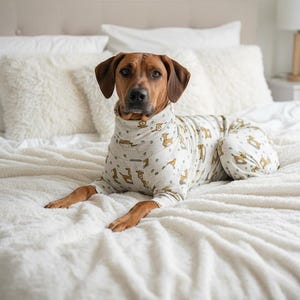 Hondenpyjama met vos- of hertenmotief in grijs en beige voor Ridgeback en andere grote rassen, zonder rits