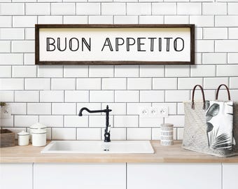 Letrero de cocina italiana "Buon appetito" con marco rústico de cedro, decoración de pared de chef italiano, arte italiano con envío gratis