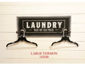 Black Laundry Room Sign with Hanging Rods: Modern Farmhouse Decor 14 x 40