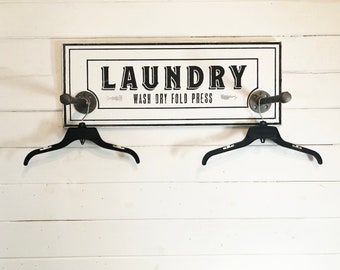 Classic Laundry room hanger with two poles 11 x 29- WHITE , Laundry Room Sign , Laundry Room Organization, Clothing Rack, Wood Laundry Sign