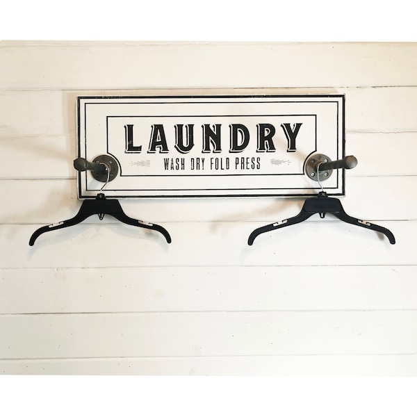 Classic Laundry room hanger with two poles 11 x 29- WHITE , Laundry Room Sign , Laundry Room Organization, Clothing Rack, Wood Laundry Sign