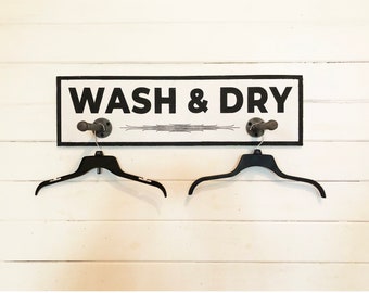 Wash and Dry wood sign with two poles 9 x 31- WHITE , Laundry Room Sign , Laundry Room Organization, Clothing Rack, -FREE SHIPPING
