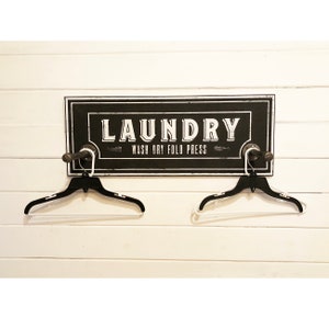 Classic Laundry room hanger with two poles 11 x 30- BLACK , Laundry Room Sign , Laundry Room Organization, Clothing Rack, Wood Laundry Sign