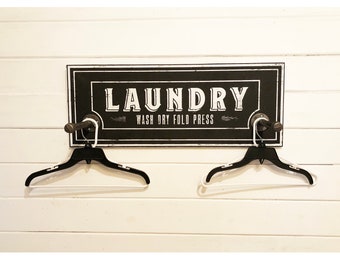 Classic Laundry room hanger with two poles 11 x 30- BLACK , Laundry Room Sign , Laundry Room Organization, Clothing Rack, Wood Laundry Sign