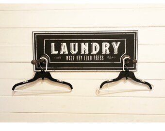 Black Laundry Room Sign with Hanging Rods: Modern Farmhouse Decor