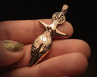 Copper Tripillian Goddess Pendant, Ancient Symbols Amulet 46mm, Handmade Jewelry