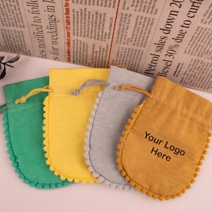 100 Custom Cotton Pouches, Personalized Jewelry Packaging Bags Designer Drawstring Round Pom Pom Bags Sea Green, Yellow, Light Grey, Khaki image 1