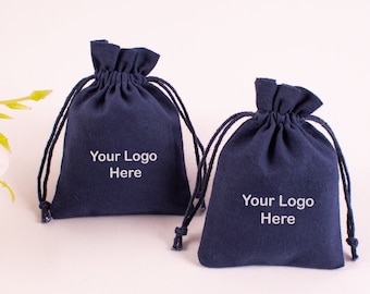 100 Pcs Custom Jewelry Pouch Personalized Navy Blue Cotton Packaging Bags - Free Shipping