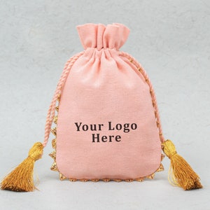 Ensemble de 100 sacs de faveur de logo personnalisés, pochette d'emballage de bijoux en coton pêche, sacs de fête de cadeau de demoiselle d'honneur