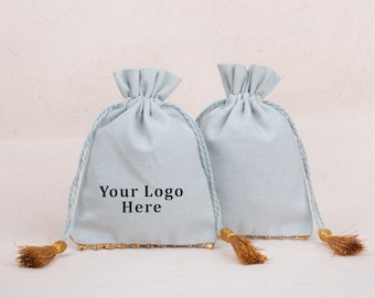 Set Of 100 Custom Logo Favor Bags, Light Gray Jewelry Packaging Pouch, Bridesmaid Gift Party Bags
