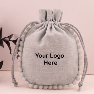 100 Custom Cotton Pouches, Personalized Jewelry Packaging Bags Designer Drawstring Round Pom Pom Bags Sea Green, Yellow, Light Grey, Khaki Light Gray