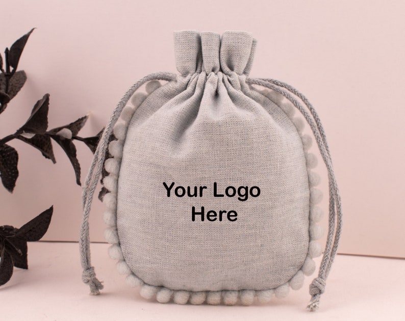 100 Custom Cotton Pouches, Personalized Jewelry Packaging Bags Designer Drawstring Round Pom Pom Bags Sea Green, Yellow, Light Grey, Khaki image 3