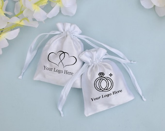 Personalized White Satin Drawstring Pouch, Custom Logo Jewelry Bag, Wedding Favor