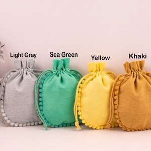 100 Custom Cotton Pouches, Personalized Jewelry Packaging Bags Designer Drawstring Round Pom Pom Bags Sea Green, Yellow, Light Grey, Khaki image 2