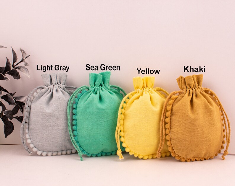 100 Custom Cotton Pouches, Personalized Jewelry Packaging Bags Designer Drawstring Round Pom Pom Bags Sea Green, Yellow, Light Grey, Khaki image 2