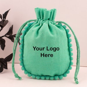 100 Custom Cotton Pouches, Personalized Jewelry Packaging Bags Designer Drawstring Round Pom Pom Bags Sea Green, Yellow, Light Grey, Khaki Sea Green