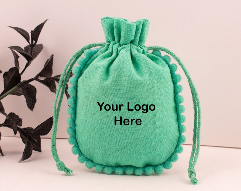 100 Custom Cotton Pouches, Personalized Jewelry Packaging Bags Designer Drawstring Round Pom Pom Bags Sea Green, Yellow, Light Grey, Khaki image 5