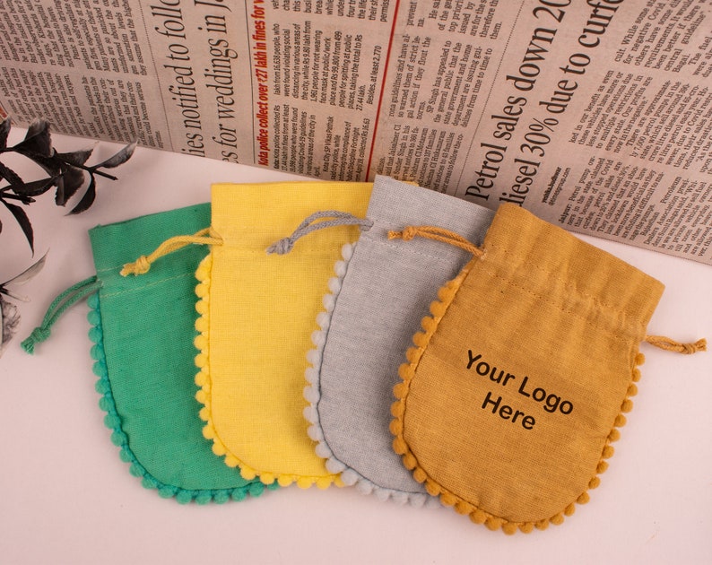 100 Custom Cotton Pouches, Personalized Jewelry Packaging Bags Designer Drawstring Round Pom Pom Bags Sea Green, Yellow, Light Grey, Khaki image 1