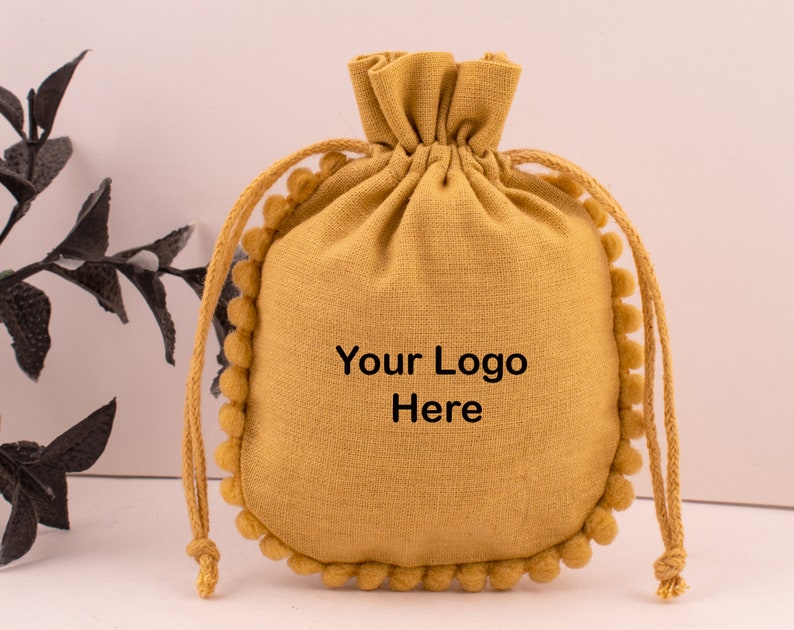 100 Custom Cotton Pouches, Personalized Jewelry Packaging Bags Designer Drawstring Round Pom Pom Bags Sea Green, Yellow, Light Grey, Khaki Khaki
