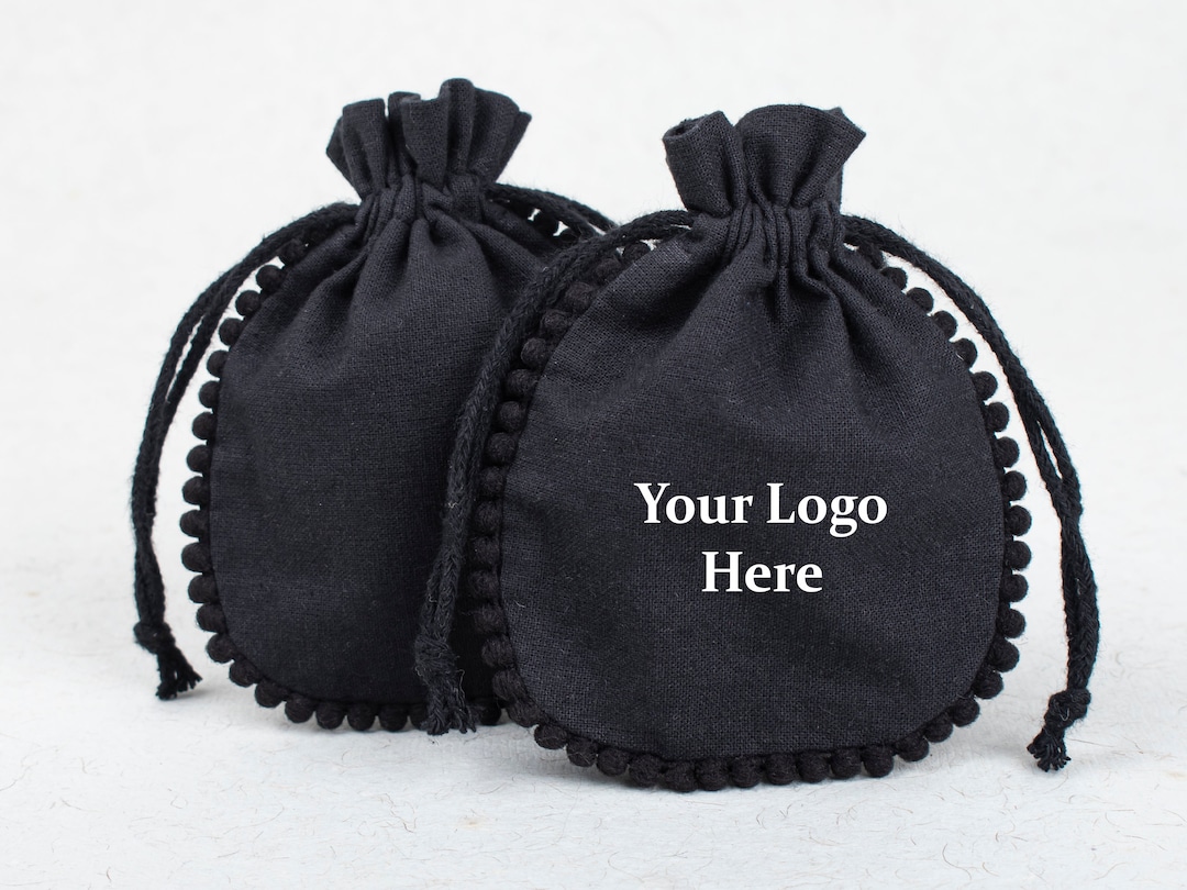 100 Pcs Black Cotton Drawstring Pouch With Custom Brand Logo | Jewelry ...