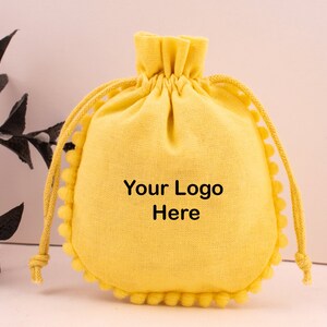 100 Custom Cotton Pouches, Personalized Jewelry Packaging Bags Designer Drawstring Round Pom Pom Bags Sea Green, Yellow, Light Grey, Khaki image 6