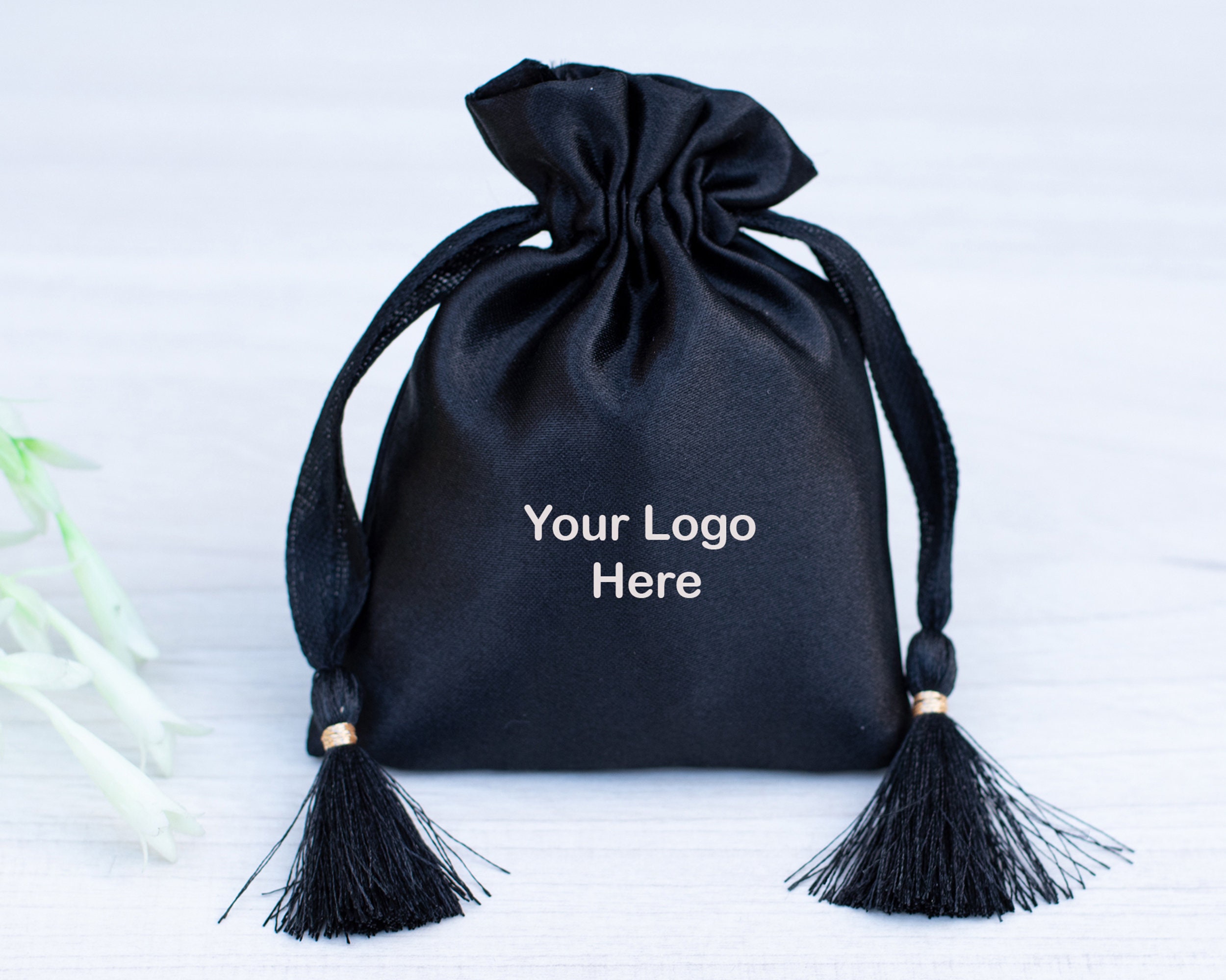 100 Black Satin Drawstring Pouch, Custom Logo Print Pouch, Personalized ...