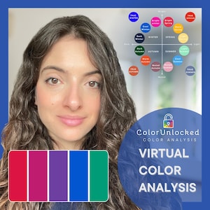 Puede incluir: Una mujer con cabello castaño rizado está centrada en una foto con una tabla de análisis de color y una paleta de colores. La tabla categoriza los colores por estación y tono. La paleta de colores muestra una gama de colores vibrantes.