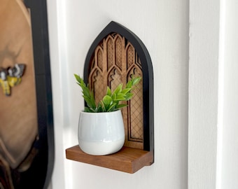 Gothic Cathedral Arch Wall Shelf B - Wood Candle Sconce, Altar or Plant Perch Display