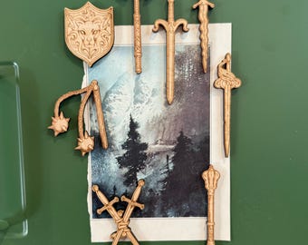 Medieval Weapon Engraved Wood Magnets - Sword Axe Dagger Renaissance Stocking Stuffers