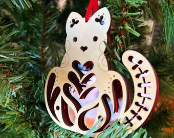 Scandinavian Folk Art Wood Cat Ornament - Christmas Holiday Decor