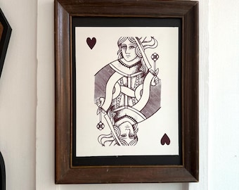 Queen of Hearts Fine Art Print - Linocut Block Print Style Medieval Illustration