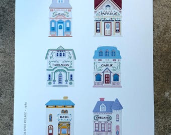 Spice Village Art Print - Cottagecore Lenox Jar Illustration Wall Decor