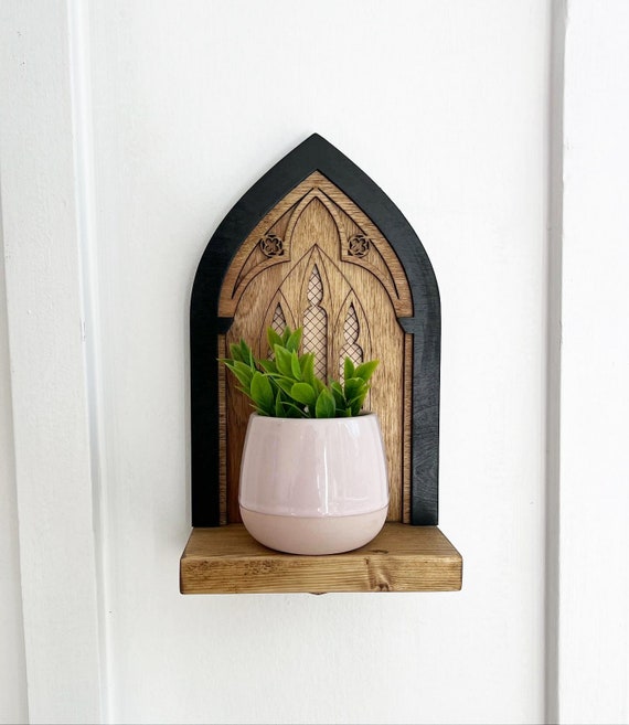 Gothic Cathedral Arch Wall Shelf A - Wood Candle Sconce, Altar or Plant Perch Display