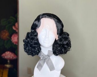1930s custom made to order black fluffy bob finger waves wig pinup vintage  hair lace front synthetic wig