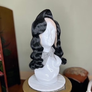 Custom Black Vintage Pinup Wig with Long Waves Veronica Lake Old Hollywood Hair finger waves made to order