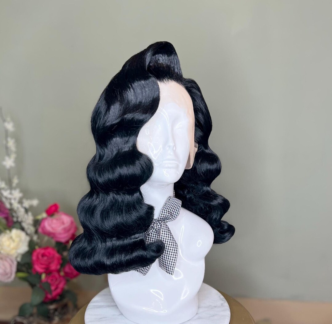 Custom Black Veronica Lake Wig, Vintage Hollywood Waves