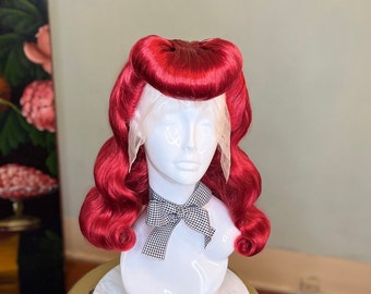 Ruby Red Pinup Wig with Bumper Bangs 1940s Vintage hairstyle for devilish pinup girls!