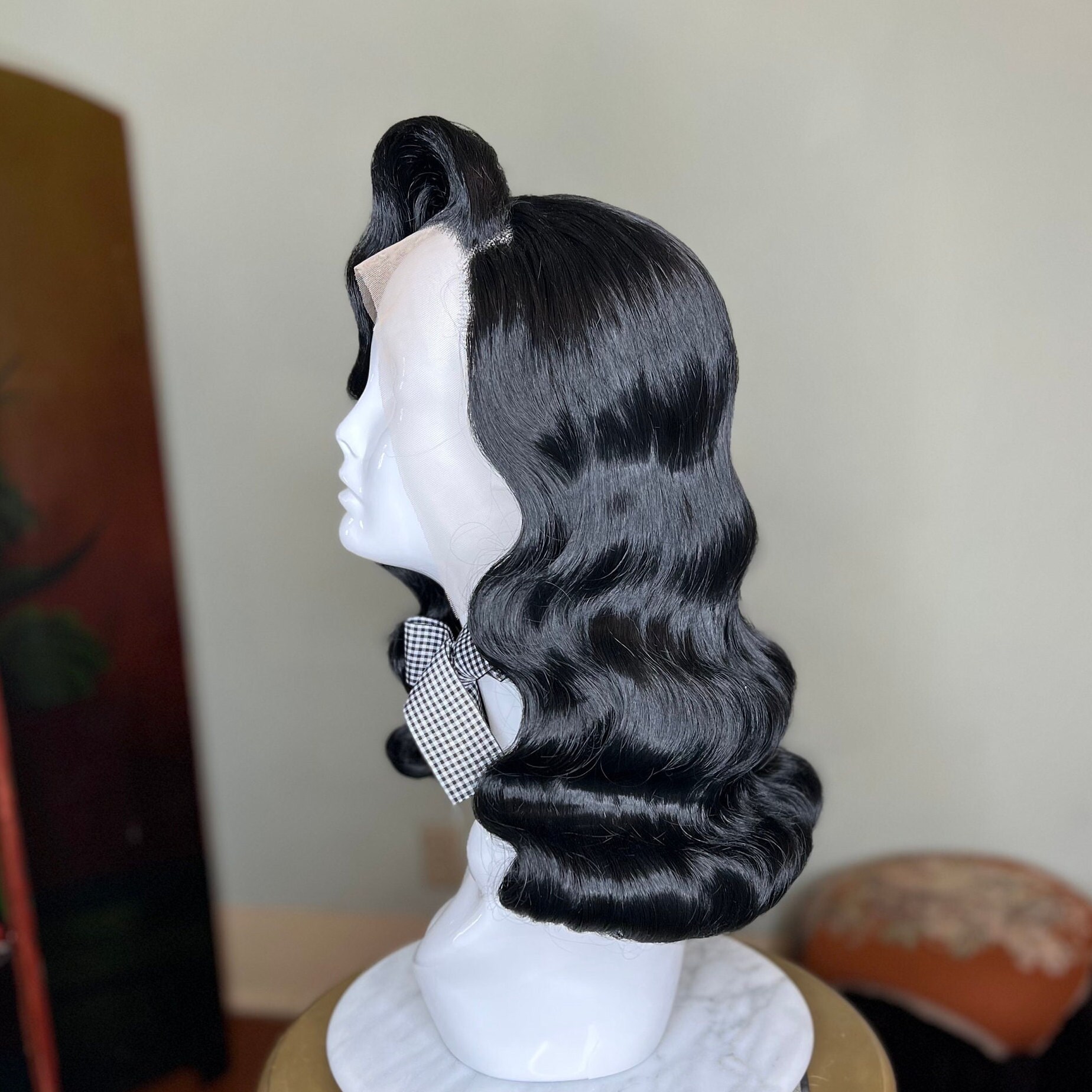 Custom Black Vintage Pinup Wig With Long Waves Veronica Lake Old Hollywood Hair Finger Waves Made to Order Etsy UK