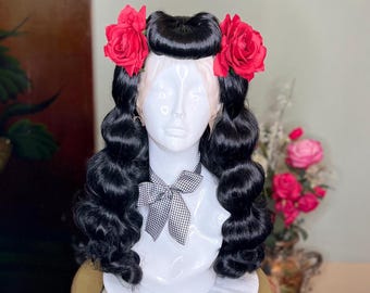 Vintage Hairstyle Black Wig Bumper Bangs 1940s Hairstyle Pinup Girl Hair Long Hollywood Waves