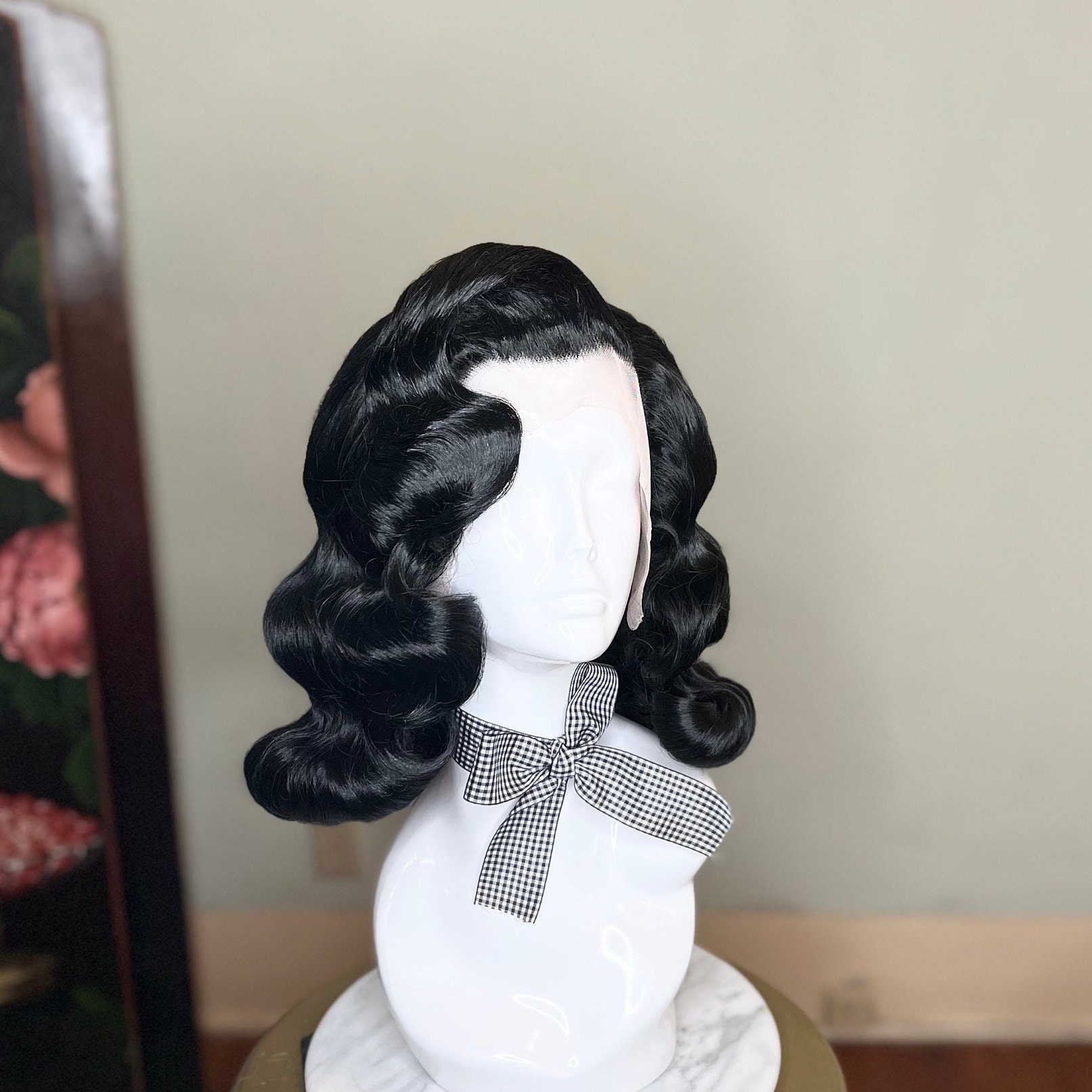 Custom MADE TO ORDER Black Haired Pinup Hairstyle Old Hollywood Hair Waves in a Vintage Wig