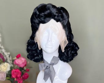 1940s Black Victory Rolls Wig - Retro Pinup, Burlesque Hair