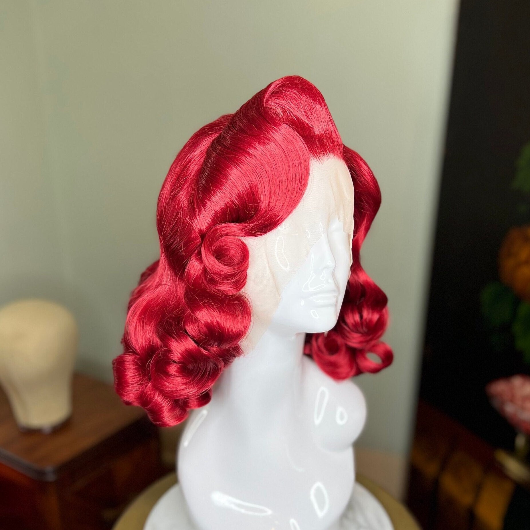 Vintage Inspired Ruby Red Wig Burlesque Pinup Hairstyle Vintage Lace Front With Waves and Curls 1940s 1950s Made to Order Etsy