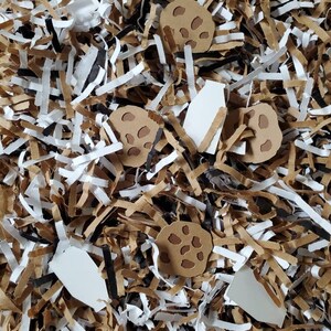 Cookies and Milk Scented Packaging Shred, Crinkle Cut Paper, White, Brown, Black, Shred and Cookie and Milk Shaped Confetti