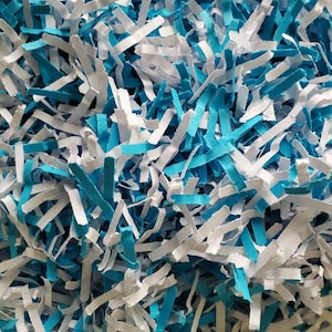 Neon Blue Packaging Shred, Crinkle Cut Paper, Blue and White Shred, Basket Filler