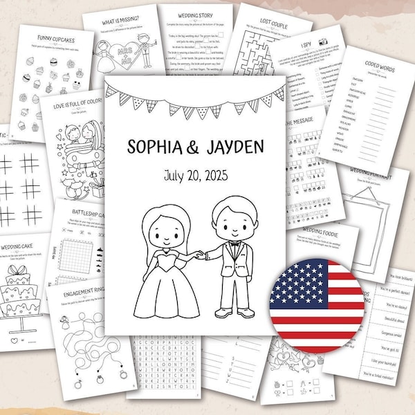 Kits d'activités pour enfants pour mariage | Livre d'activités de mariage pour enfants imprimable | Couverture personnalisée | Livre de coloriage de mariage | Pages de mariage bricolage