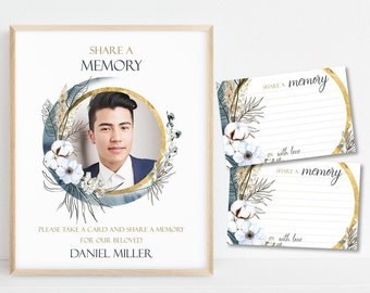 Funeral Share a Memory Sign | Printable Share a Memory Card | Blue Leave a Memory Template | Memorial Words Funeral Keepsake Share Memories
